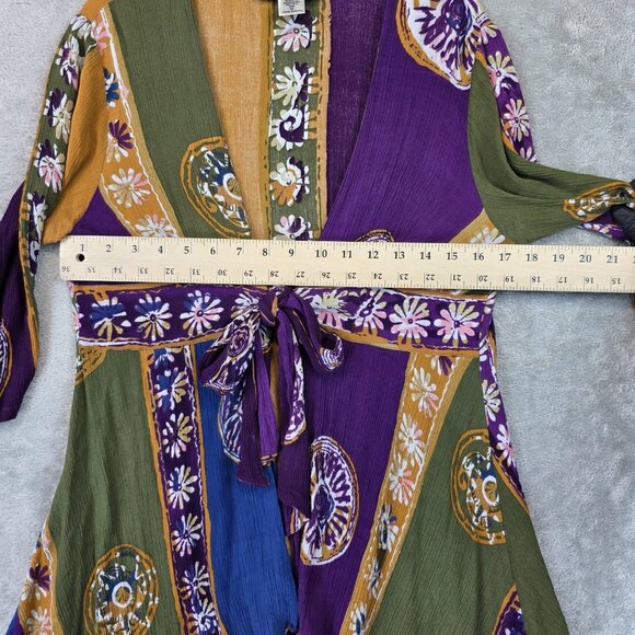 The Pyramid Collection Kimono Top Womens Medium Patchwork Tie Waist Boho Rayon - Picture 7 of 10